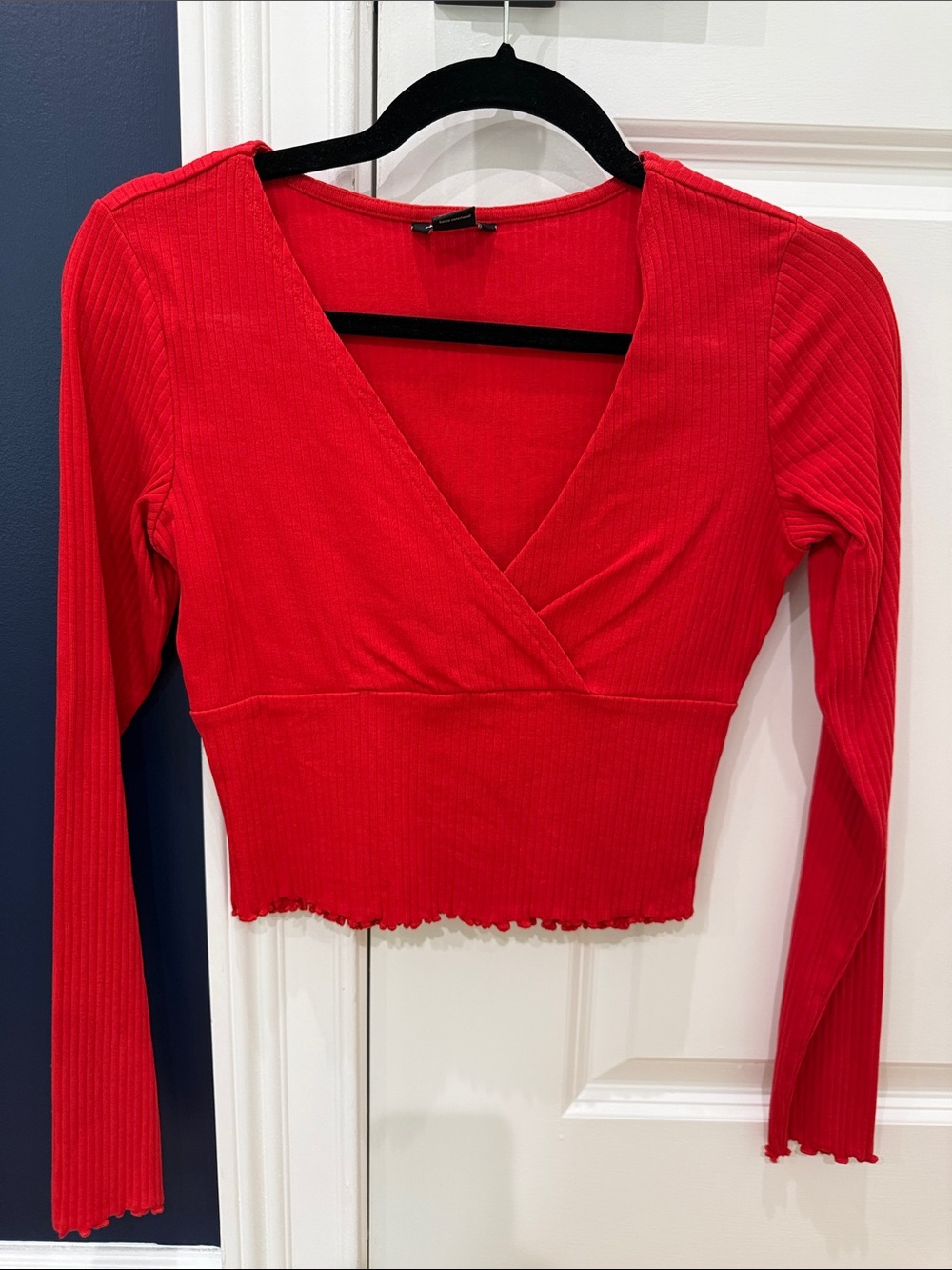 Monki Red Ribbed Wrap-Front Long Sleeve Crop Top